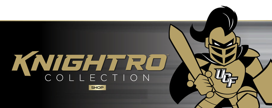 Illustration of UCF's Knightro with Knightro Collection, SHOP.