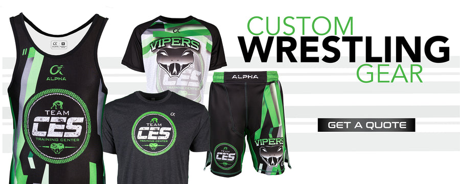 Collage of wrestling singlet, t-shirts and shorts with Custom Wrestling Gear, Get a Quote.