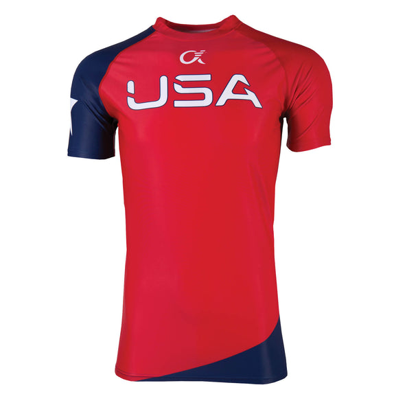 Red, white and blue compression t-shirt with USA on front.