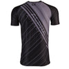 Back of grey and black compression t-shirt with diagonal stripes and ALPHA logo text.