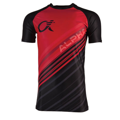 Front of red and black compression t-shirt with diagonal stripes and ALPHA logo text.