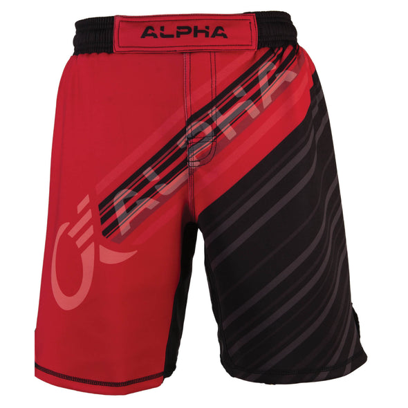 Front of red and black fighter shorts used for wrestling, diagonal lines with ALPHA written across front.
