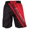Back of red and black fighter shorts used for wrestling, diagonal lines with ALPHA written across back.