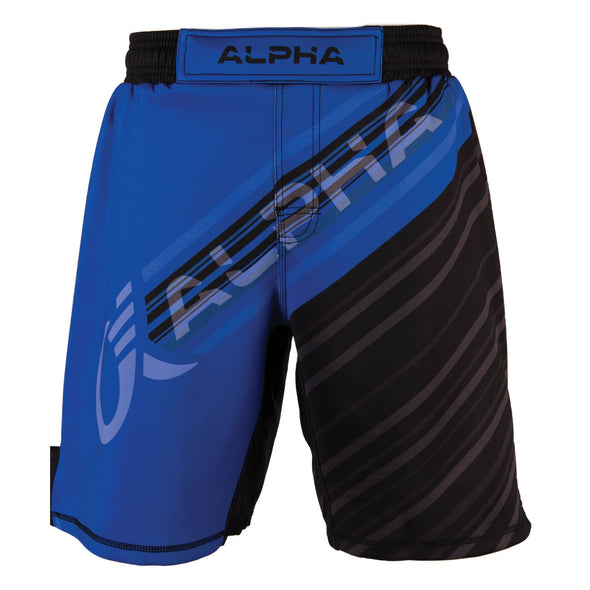 Front of blue and black fighter shorts used for wrestling, diagonal lines with ALPHA written across front.