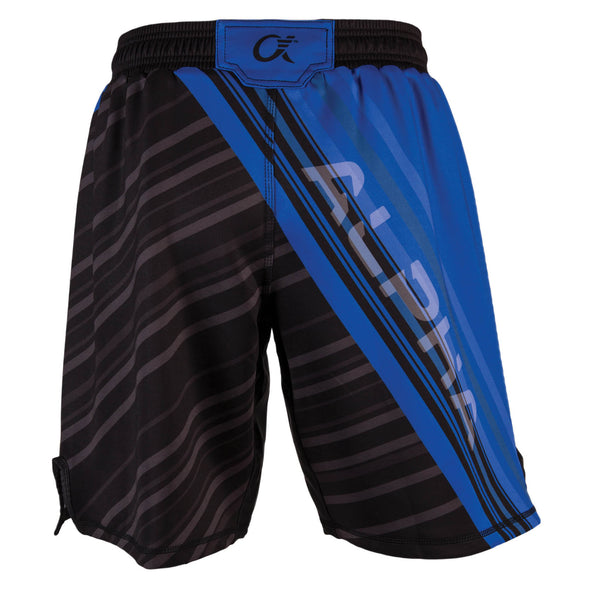 Back of blue and black fighter shorts used for wrestling, diagonal lines with ALPHA written across back.