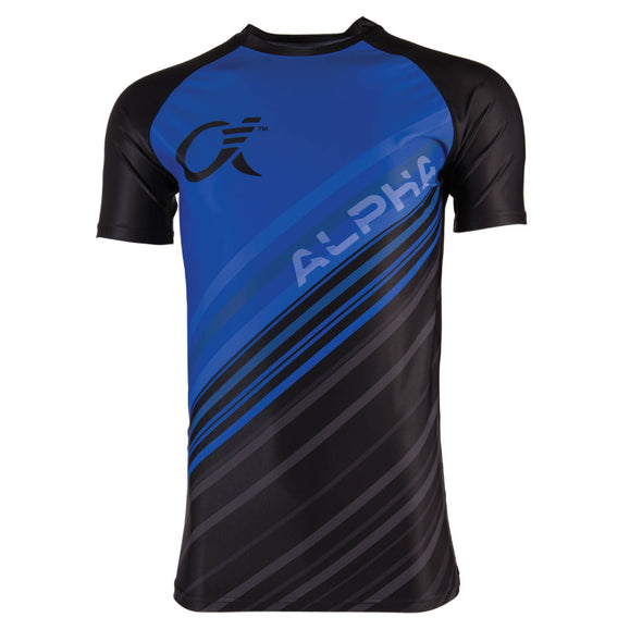 Blue and black compression t-shirt with diagonal stripes and ALPHA logo text.