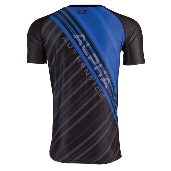 Back of blue and black compression t-shirt with diagonal stripes and ALPHA logo text.