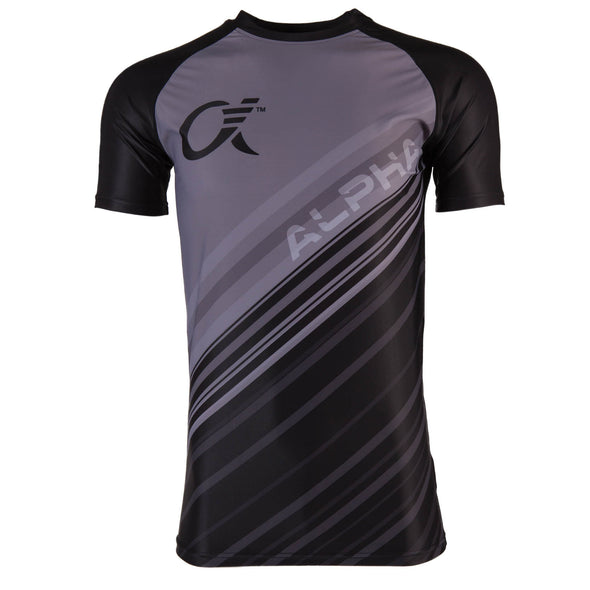 Front of grey and black compression t-shirt with diagonal stripes and ALPHA logo text.