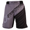 Front of grey and black fighter shorts used for wrestling, diagonal lines with ALPHA written across front.