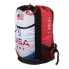 Side of wrestling gear bag with USA Alpha Wrestling on front, dye sublimated printing, red drawcord.