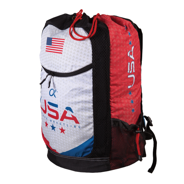 Side of wrestling gear bag with USA Alpha Wrestling on front, dye sublimated printing, red drawcord.
