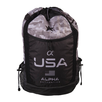 Front of wrestling gear bag with USA and USA Flag on front, dye sublimated printing, black drawcord.