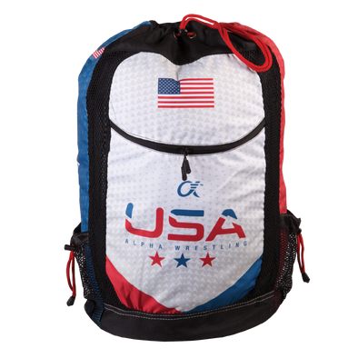 Front of wrestling gear bag with USA Alpha Wrestling on front, dye sublimated printing, red drawcord.