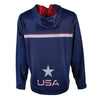 Back of navy, red and white full zip up hoodie, USA with star, dye-sublimated printing.