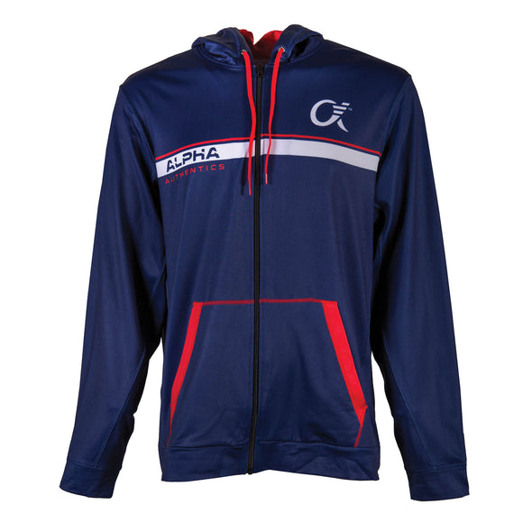 Front of navy, red and white full zip up hoodie, Alpha Authencis on front, pouch, red drawcord, dye-sublimated printing.