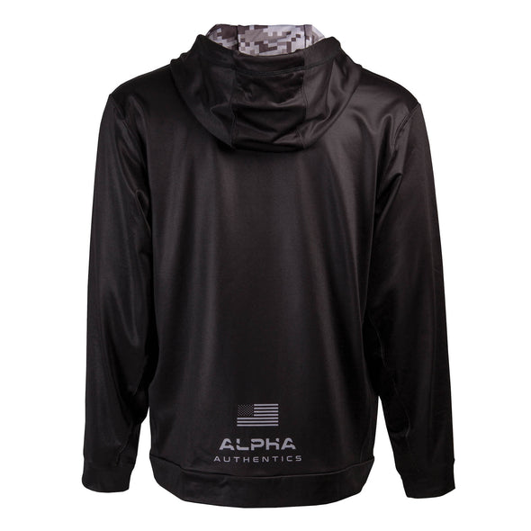 Back of black full zip up hoodie, Alpha Authencis with USA Flag, dye-sublimated printing.