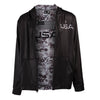 Front of black full zip up hoodie, USA on front left chest, digital camo pattern printed inside lining, dye-sublimated printing.
