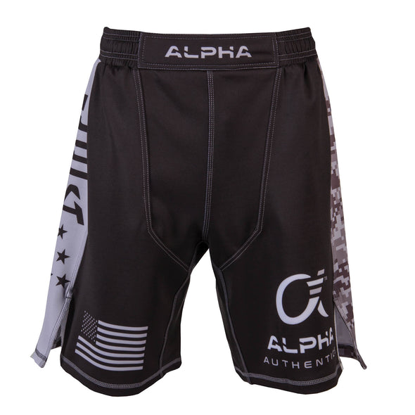 Front of black and grey fighter shorts used for wrestling, USA flag on right leg, Alpha Authentics logo on left leg.