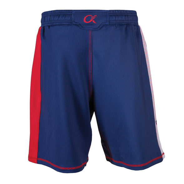 Back of red, white and blue fighter shorts used for wrestling, Alpha  A logo on back waistband.