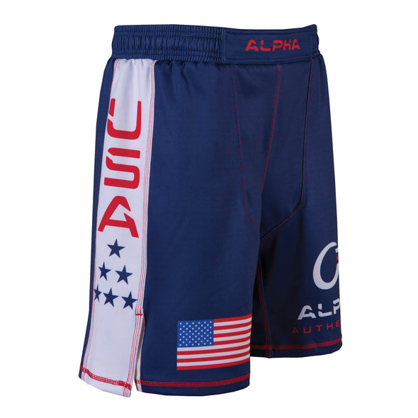 Side of red, white and blue fighter shorts used for wrestling, USA flag on right leg, USA and stack of stars on side.