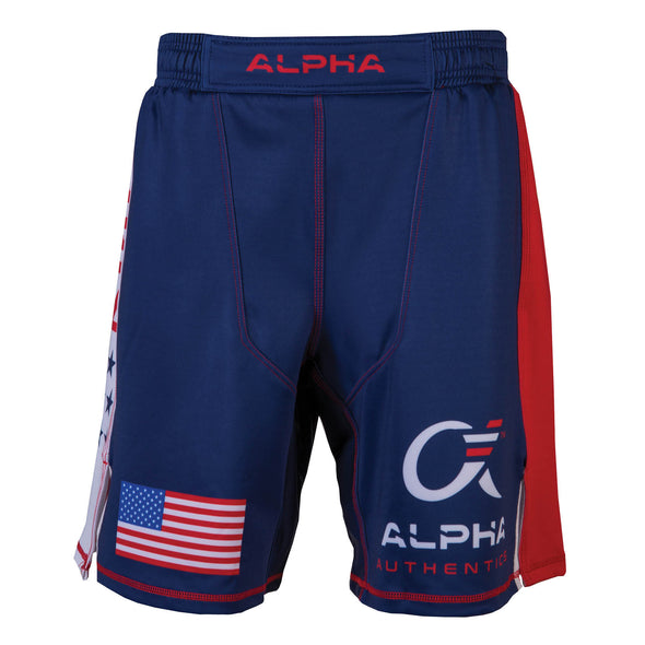 Front of red, white and blue fighter shorts used for wrestling, USA flag on right leg, Alpha Authentics logo on left leg.