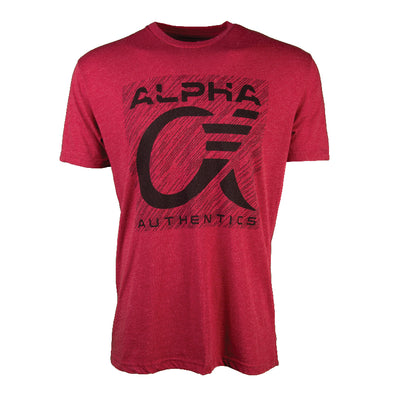 Maroon short sleeve t-shirt with Alpha Authentics logo on front.