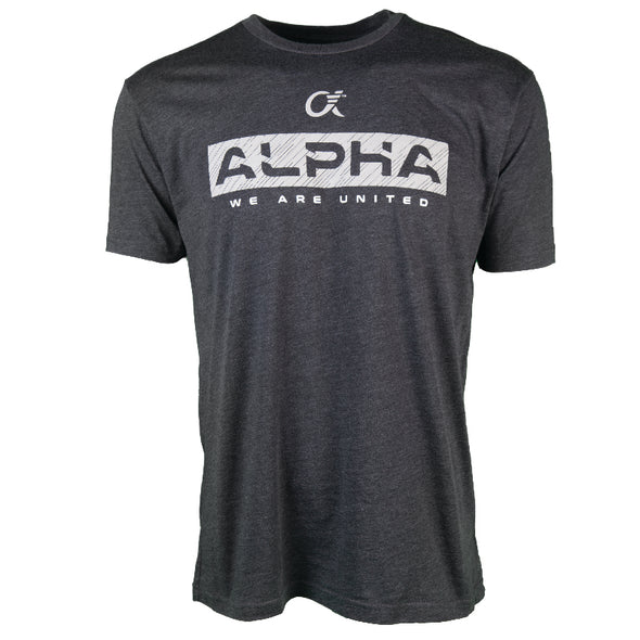 Charcoal grey short sleeve t-shirt with ALPHA, We Are United printed on front.