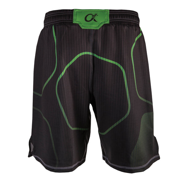 Back of green and black fighter shorts used for wrestling, thin vertical strips, large hexagon pattern.