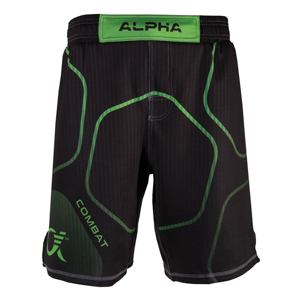 Front of green and black fighter shorts used for wrestling, thin vertical strips, large hexagon pattern, Combat written on right leg.