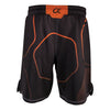 Back of orange and black fighter shorts used for wrestling, thin vertical strips, large hexagon pattern, Combat written on right leg.