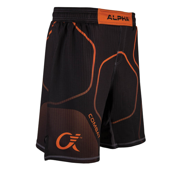 Side of orange and black fighter shorts used for wrestling, thin vertical strips, large hexagon pattern, Combat written on right leg.