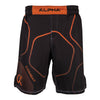 Front of orange and black fighter shorts used for wrestling, thin vertical strips, large hexagon pattern, Combat written on right leg.