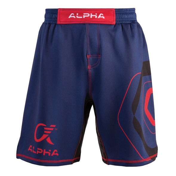 Front of blue,  red and black fighter shorts used for wrestling, thin vertical strips, large hexagon design on left leg, Alpha Authentics logo on right leg.