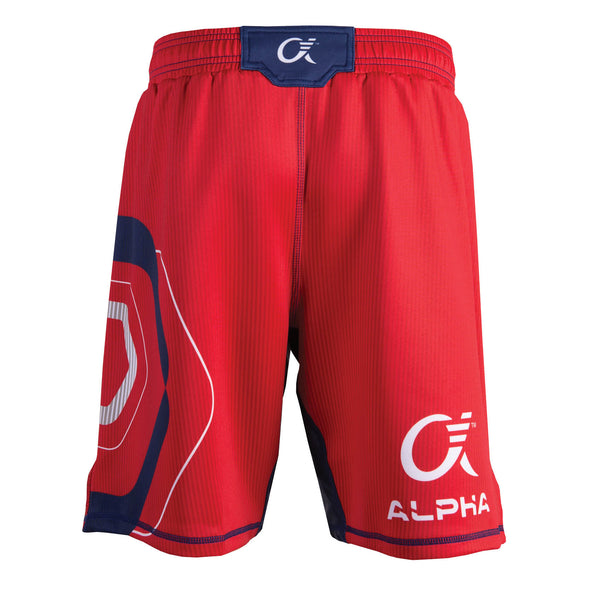 Back of red, blue and white fighter shorts used for wrestling, thin vertical strips, large hexagon design on left leg, Alpha Authentics logo on right leg.