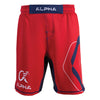 Front of red, blue and white fighter shorts used for wrestling, thin vertical strips, large hexagon design on left leg, Alpha Authentics logo on right leg.