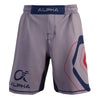 Front of grey,  red and blue fighter shorts used for wrestling, thin vertical strips, large hexagon design on left leg, Alpha Authentics logo on right leg.
