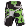 Back of green, black and grey fighter shorts used for wrestling, abstract web pattern, Alpha logo on left leg.