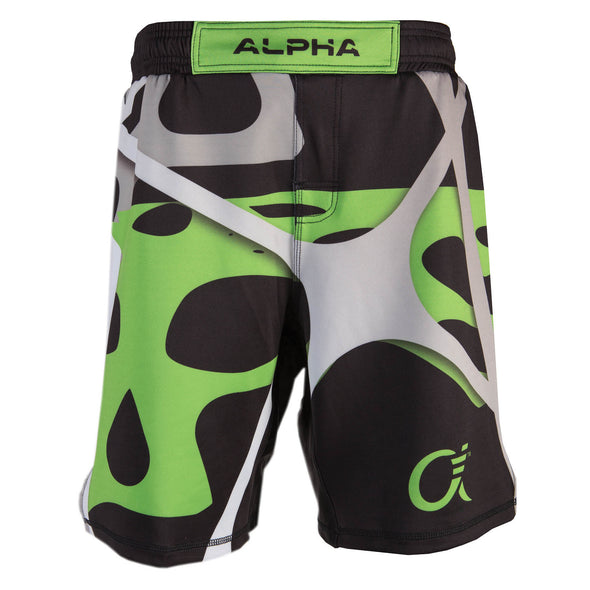 Front of green, black and grey fighter shorts used for wrestling, abstract web pattern, Alpha logo on left leg.