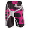 Back of magenta, black and grey fighter shorts used for wrestling, abstract web pattern.