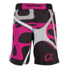 Front of magenta, black and grey fighter shorts used for wrestling, abstract web pattern, Alpha logo on left leg.