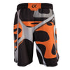 Back of orange, black and grey fighter shorts used for wrestling, abstract web pattern, Alpha logo on left leg.