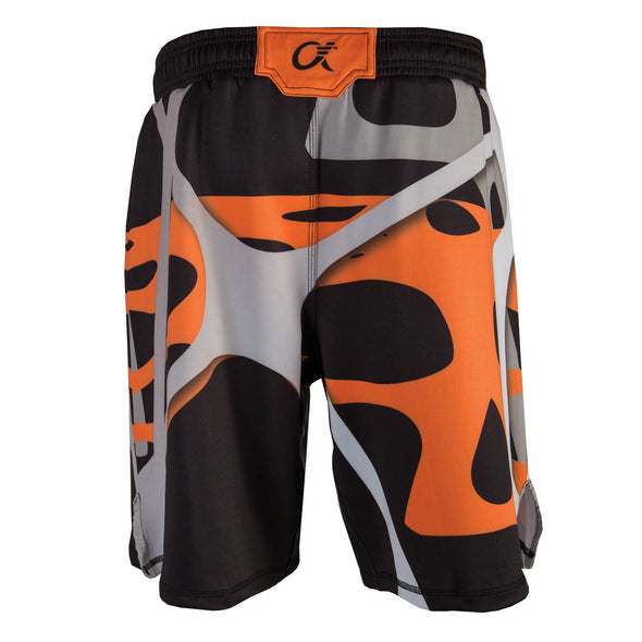 Back of orange, black and grey fighter shorts used for wrestling, abstract web pattern, Alpha logo on left leg.