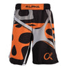 Front of orange, black and grey fighter shorts used for wrestling, abstract web pattern, Alpha logo on left leg.