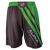 Back of green and grey fighter shorts used for wrestling, hex pattern, thin vertical stripes, large diagonal stripes, Alpha Authentics logo on left leg.