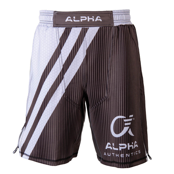 Front of white and grey fighter shorts used for wrestling, hex pattern, thin vertical stripes, large diagonal stripes, Alpha Authentics logo on left leg.