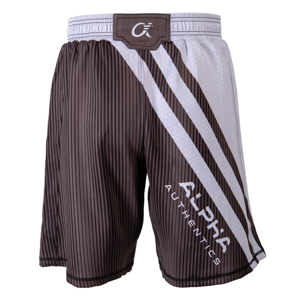 Back of white and grey fighter shorts used for wrestling, hex pattern, thin vertical stripes, large diagonal stripes, Alpha Authentics logo on left leg.