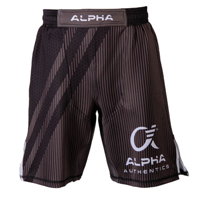 Front of black and grey fighter shorts used for wrestling, hex pattern, thin vertical stripes, large diagonal stripes, Alpha Authentics logo on left leg.