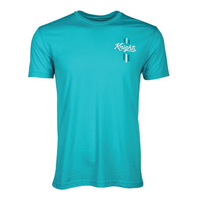 Front of ocean blue short sleeve t-shirt with Knights and Since 1963.