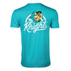 Back of ocean blue short sleeve t-shirt featuring Knightro surfing and Knights since 1963.