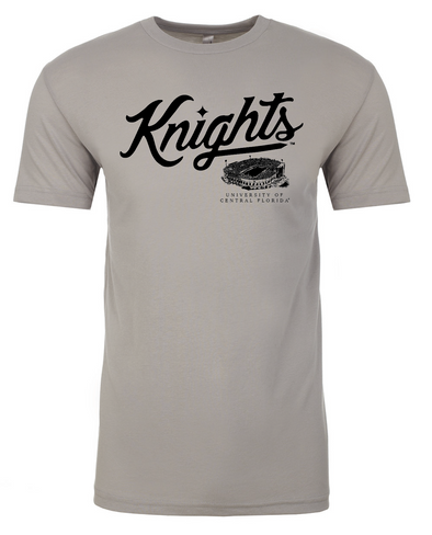 Front of light grey t-shirt with Knights and University of Central Florida and illustration of the UCF Football stadium.